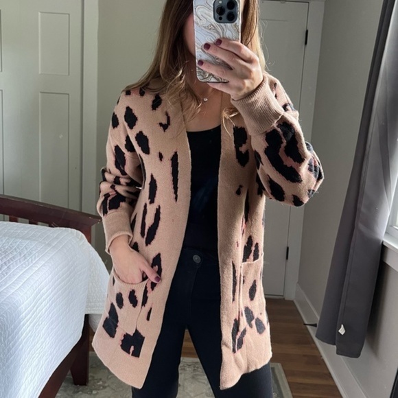 Open Front Leopard Print Knitted Sweater Cardigan, Tan, Size Small S NWOT - Picture 3 of 6